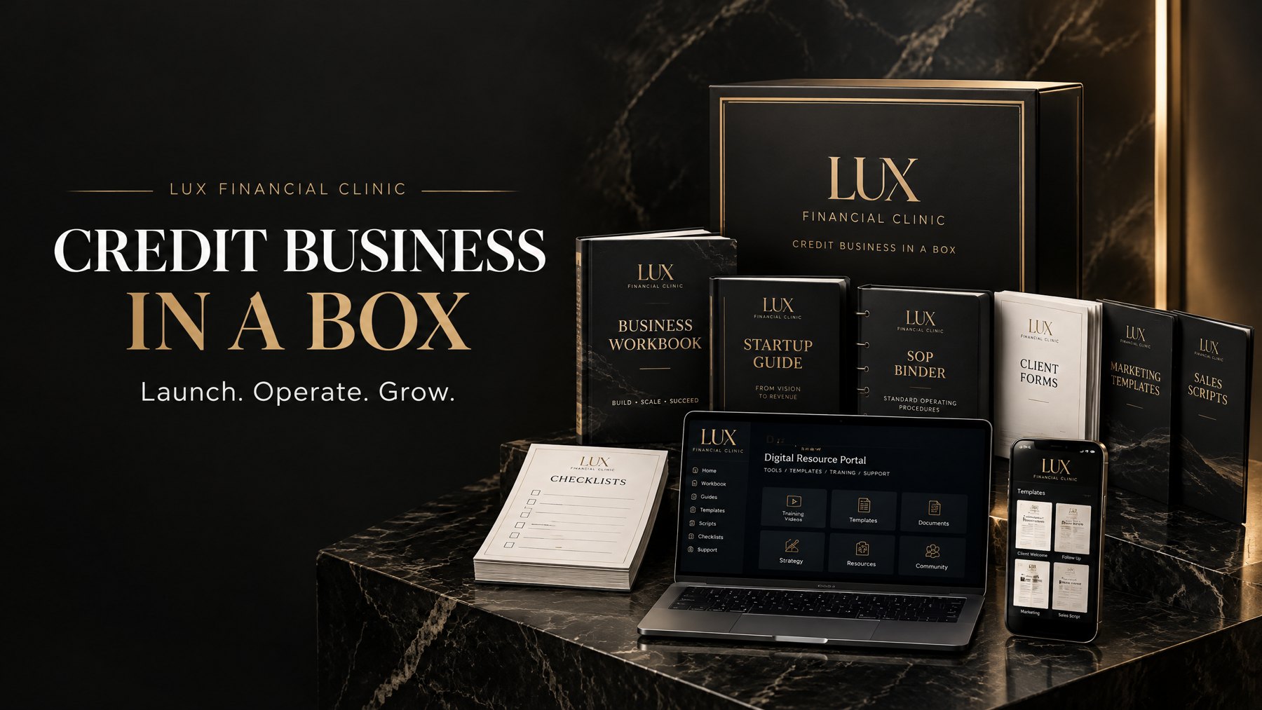 Credit Business in a Box workbooks, SOP binder, client forms, sales scripts and digital resource portal