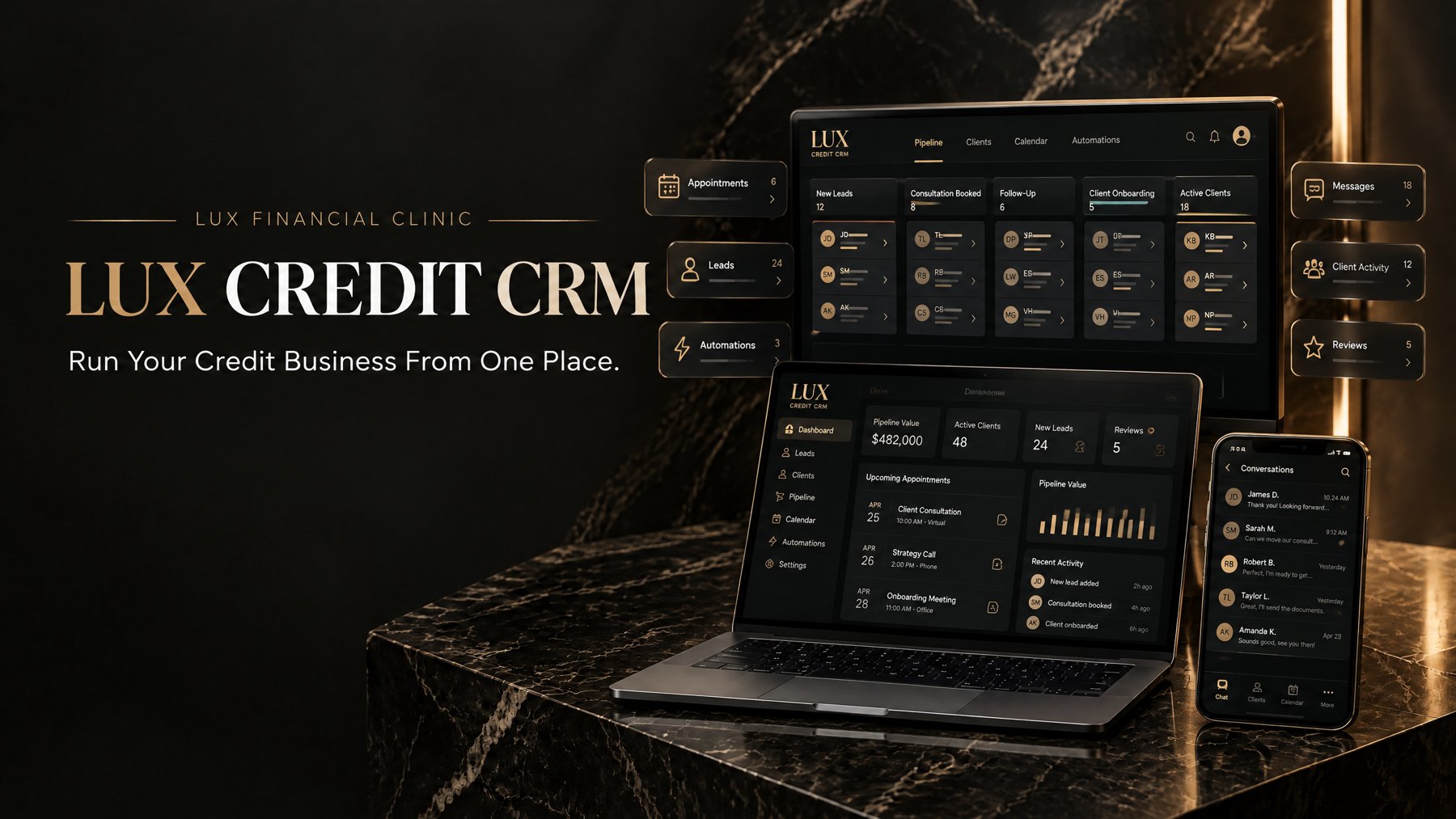 Lux Credit CRM dashboard with pipeline, calendar and client messaging